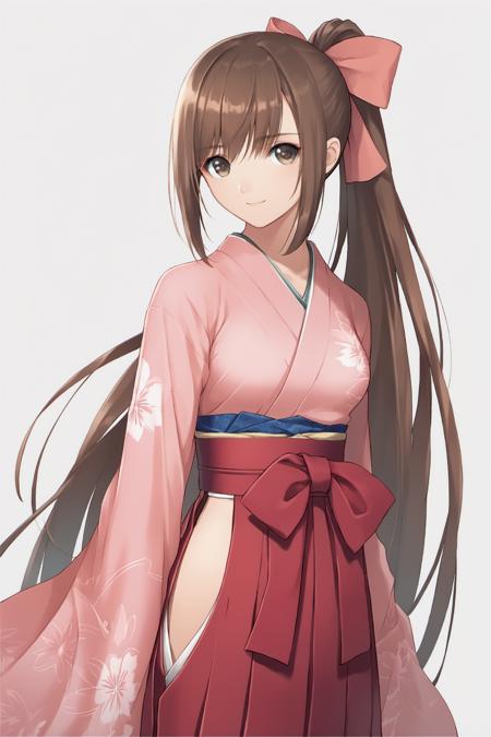 26307-4267517526-1girl, japanese clothes, solo, long hair, ponytail, brown hair, kimono, skirt, simple background, smile, hakama, bow, hakama ski.png
